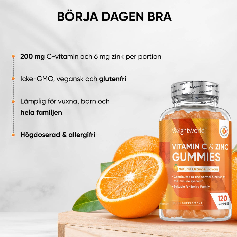 Bilden visar 1 burk av WeightWorlds C-vitamin Gummies och några apelsiner för att visa att smaken är av apelsin