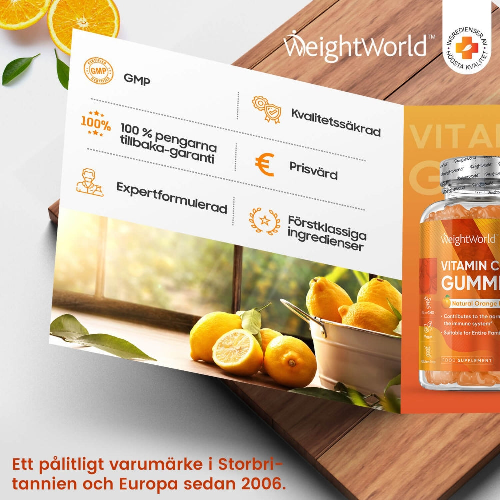 En broschyr som visar fördelarna man får av att köpa C-Vitamin Gummies från WeightWorld