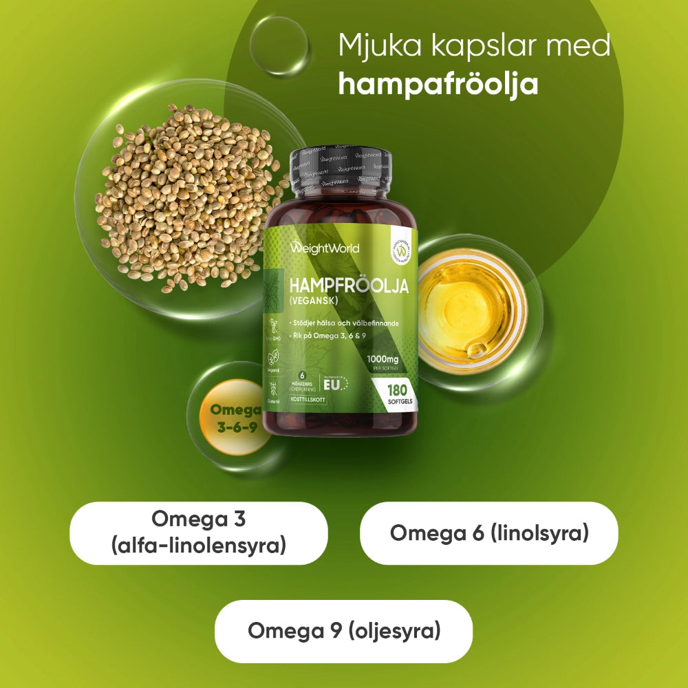 Hampfröolja i flaska med omega-etiketter och hampfrön runt om.