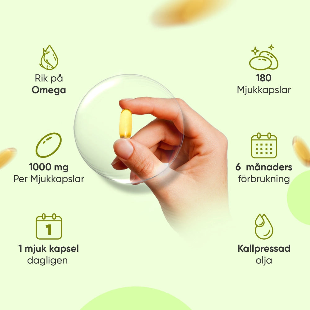 Hampfröolja mjukkapsel i hand, 1000 mg per kapsel.