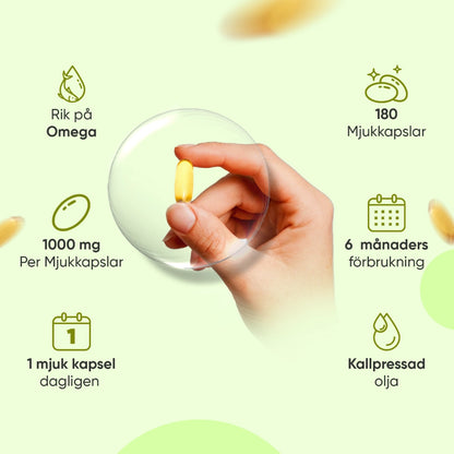 Hampfröolja mjukkapsel i hand, 1000 mg per kapsel.