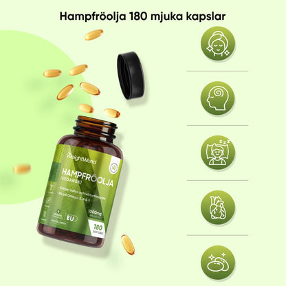 Hampfröolja-flaska med flytande kapslar och fem fördelningsikoner.