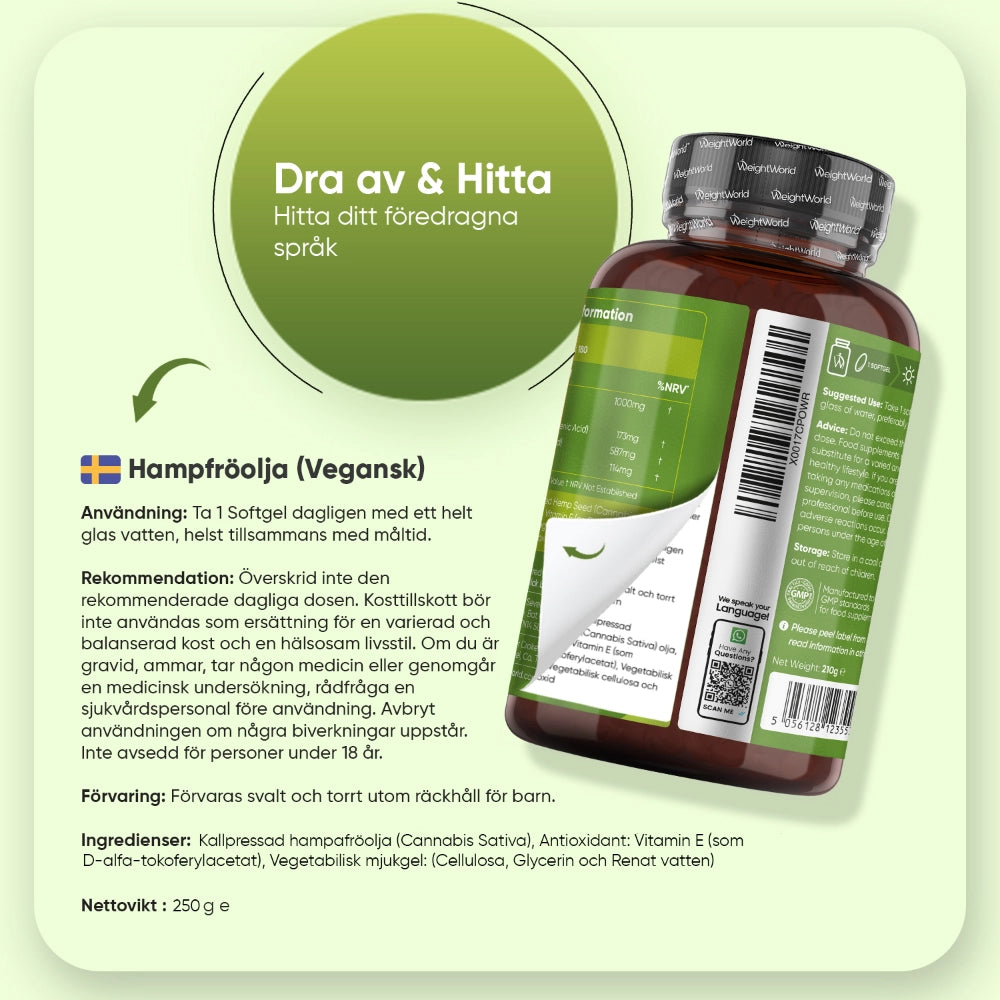Hampfröolja-förpackning baksida med bruksinfo och flaska vid sidan.
