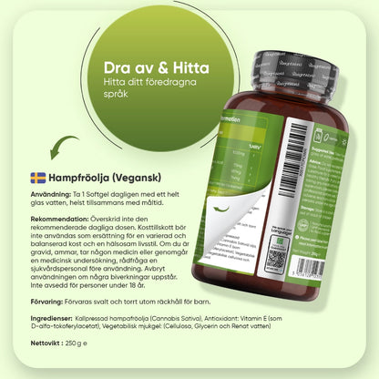 Hampfröolja-förpackning baksida med bruksinfo och flaska vid sidan.