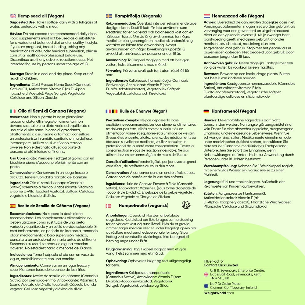Informationsblad för hampfröolja (Vegan) med kapslar och ingrediensrutor.