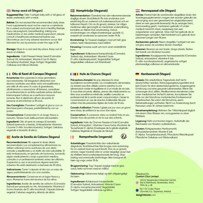 Informationsblad för hampfröolja (Vegan) med kapslar och ingrediensrutor.