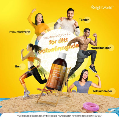 Bilden visar en flaska med WeightWorlds Liposomal Vitamin D3 + K2 i en solstol på stranden, runt om finns personer som visar produktens fördelar