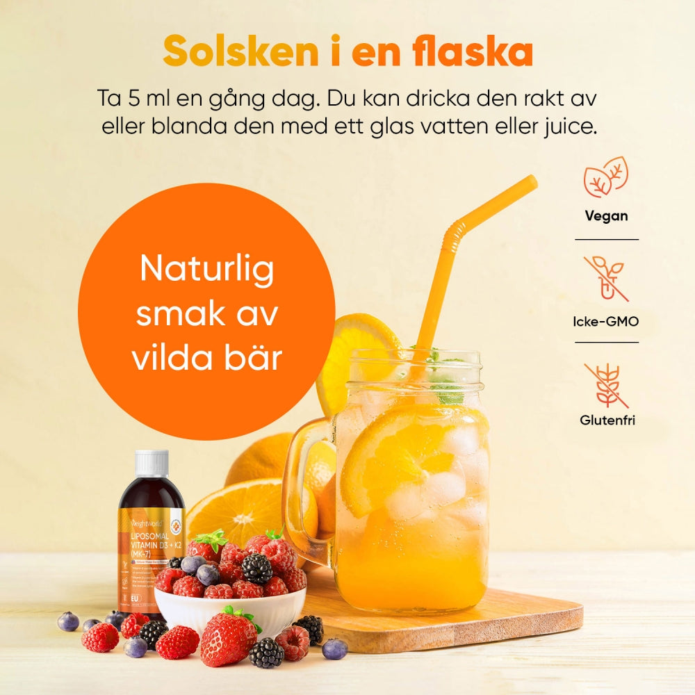 Bilden visar ett glas med apelsinjuice med en skål med bär bredvid, och apelsiner bakom