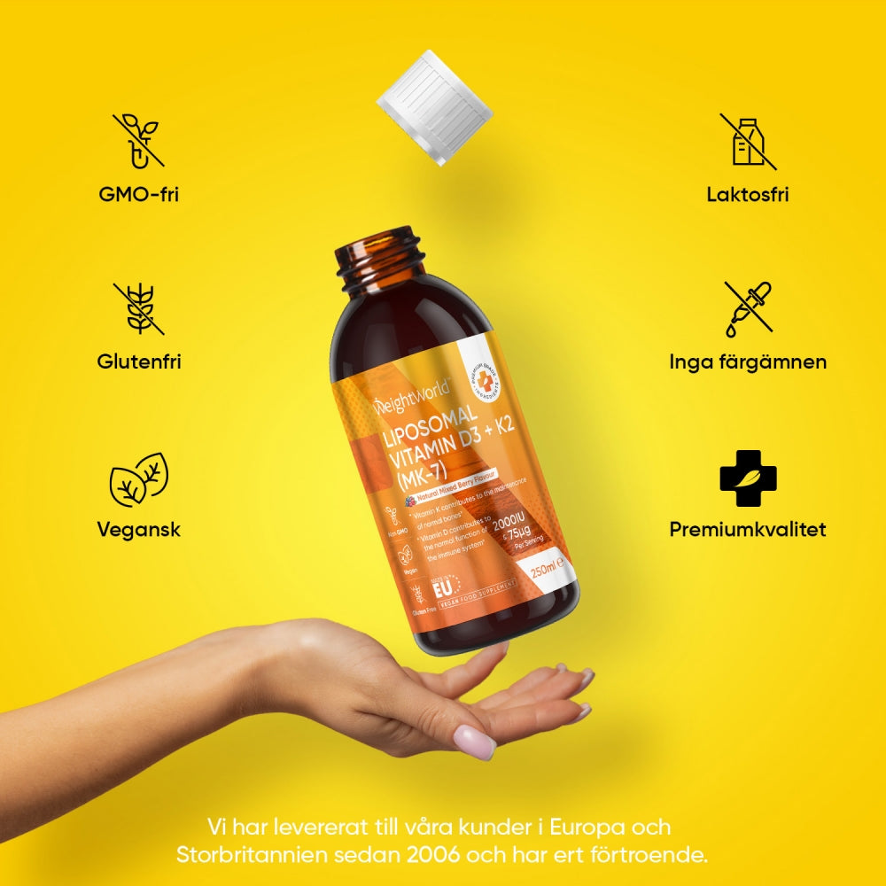 Bilden visar en hand som håller fram en flaska med WeightWorlds Liposomal Vitamin D3 + K2, tillsammans med produktfördelar
