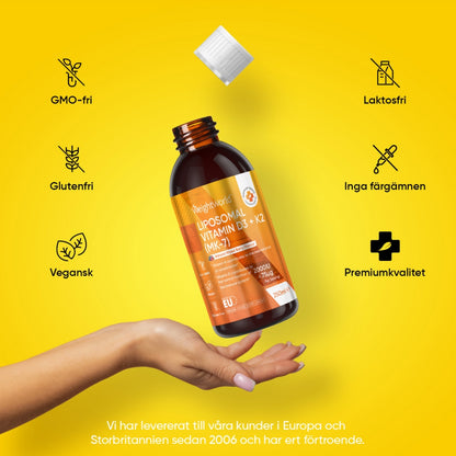 Bilden visar en hand som håller fram en flaska med WeightWorlds Liposomal Vitamin D3 + K2, tillsammans med produktfördelar