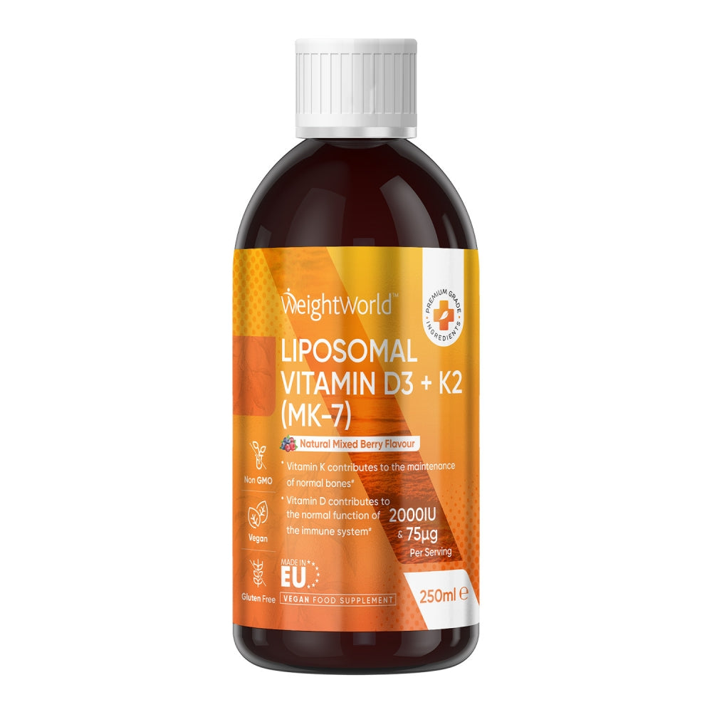 En flaska med WeightWorlds Liposomal Vitamin D3 + K2
