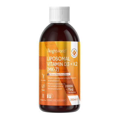 En flaska med WeightWorlds Liposomal Vitamin D3 + K2