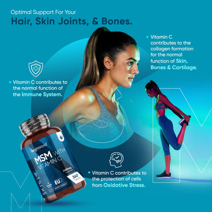 Bilden visar en kvinna som stretchar och en burk med WeightWorlds MSM med vitamin C 2400 mg, och fördelarna för hår, hud, leder och ben