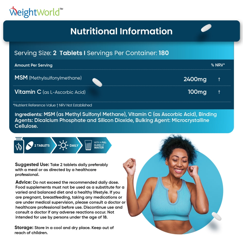 Innehållsförteckningen för WeightWorlds MSM med vitamin C 2400 mg