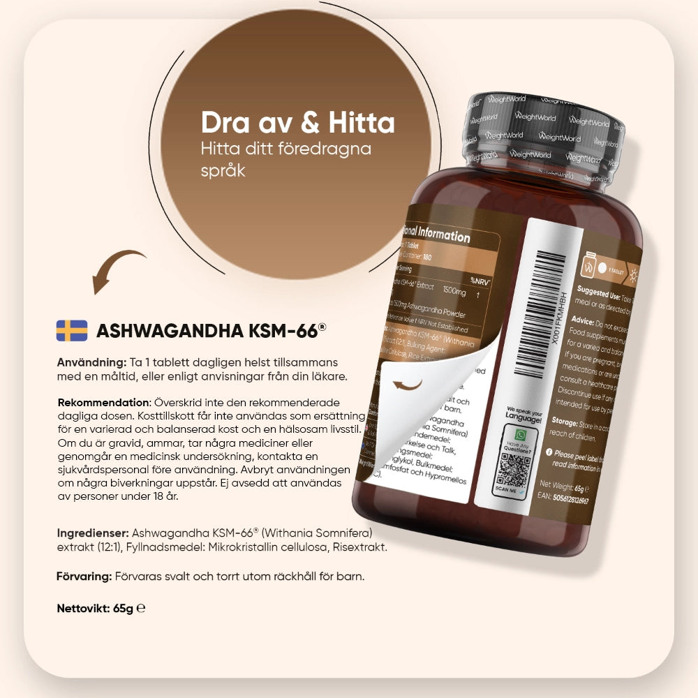 Ashwagandha KSM-66-burk med märkning och streckkod