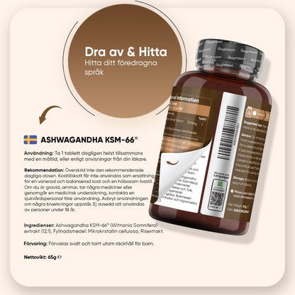 Ashwagandha KSM-66-burk med märkning och streckkod