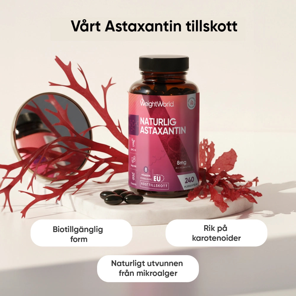 Astaxantin-tillskott i burk med etikett: 8 mg per mjuk kapsel, 240 kapslar
