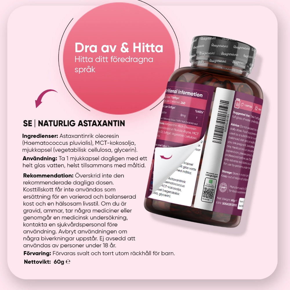 Astaxantin-tillskott med förpackningsetikett och flaska, 8 mg per mjuk kapsel