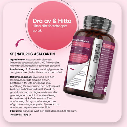 Astaxantin-tillskott med förpackningsetikett och flaska, 8 mg per mjuk kapsel