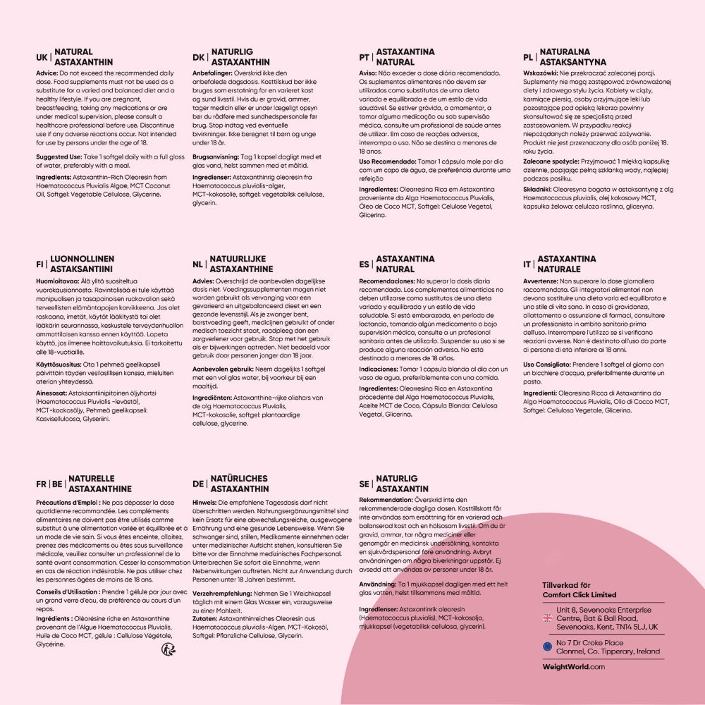 Informationsblad för astaxantin med ingredienser och näringsinformation