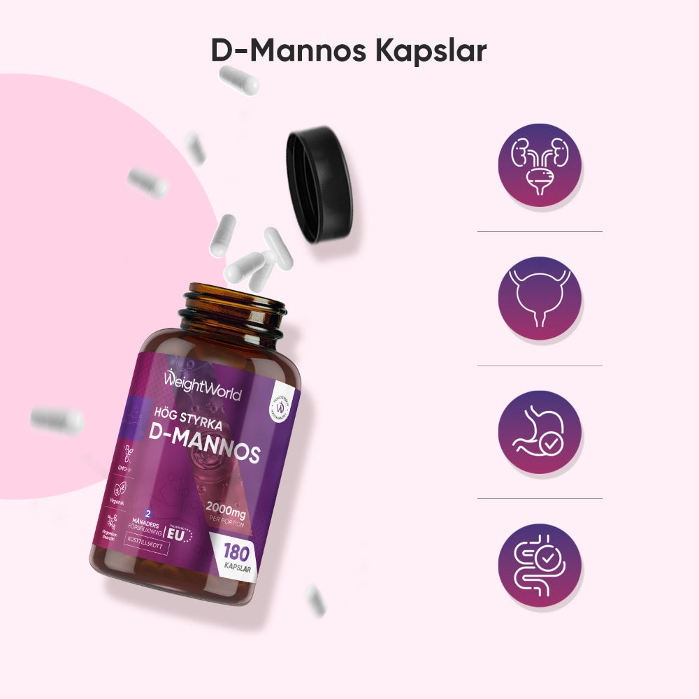 D-mannosekapslar 2000 mg, burk med öppet lock och flera fallande kapslar