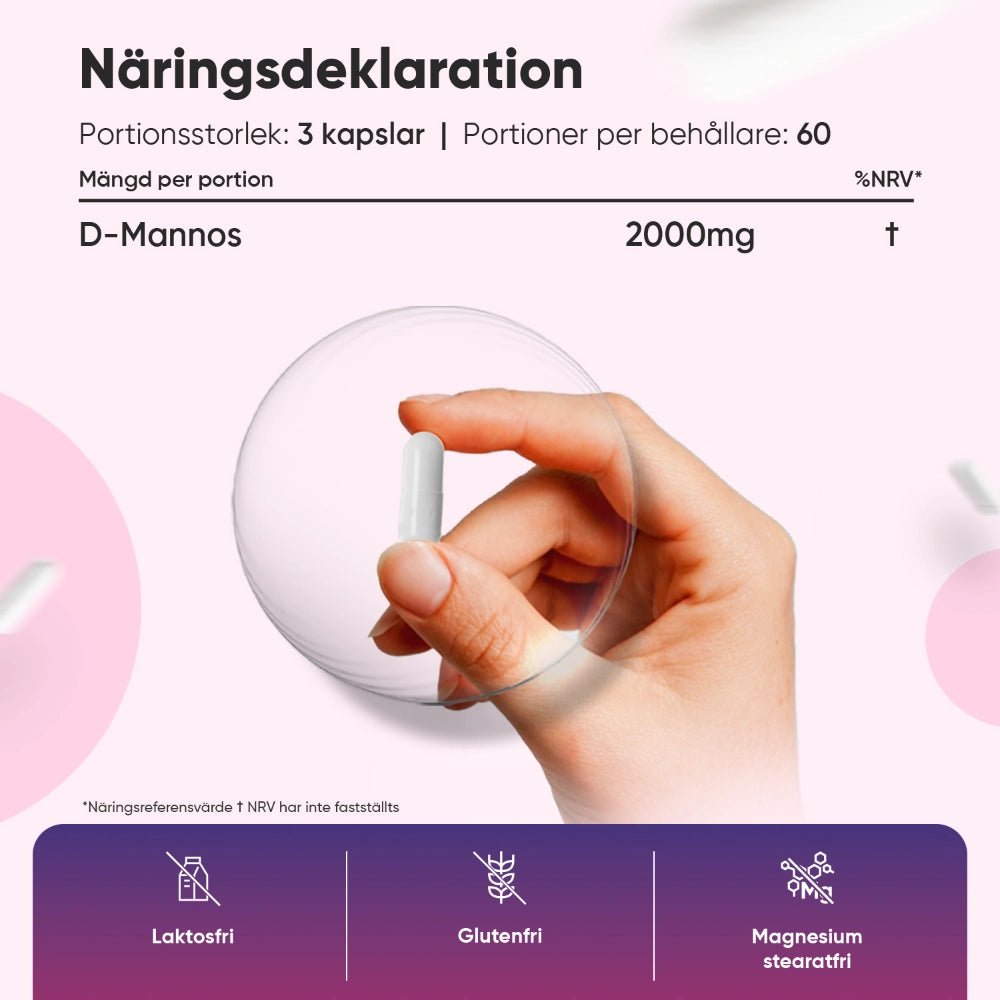 D-mannosekapslar 2000 mg, näringsdeklaration med portion 3 kapslar och 2000 mg