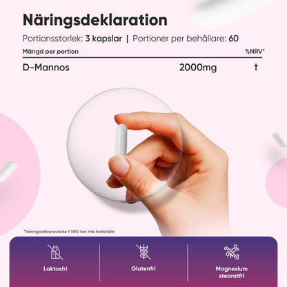 D-mannosekapslar 2000 mg, näringsdeklaration med portion 3 kapslar och 2000 mg