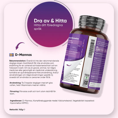 D-mannosekapslar 2000 mg, baksidesetikett med användning och ingredienser