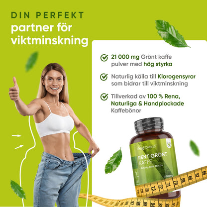 En kvinna med stora byxor och en burk av Grönt Kaffe för att visa att det hjälpt hen att gå ned i vikt