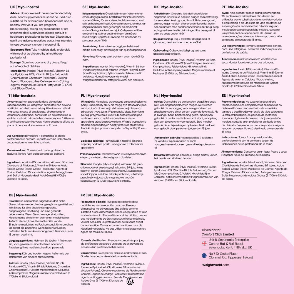 Instruktioner per land för myo-inositol 4000 mg på informationsblad.