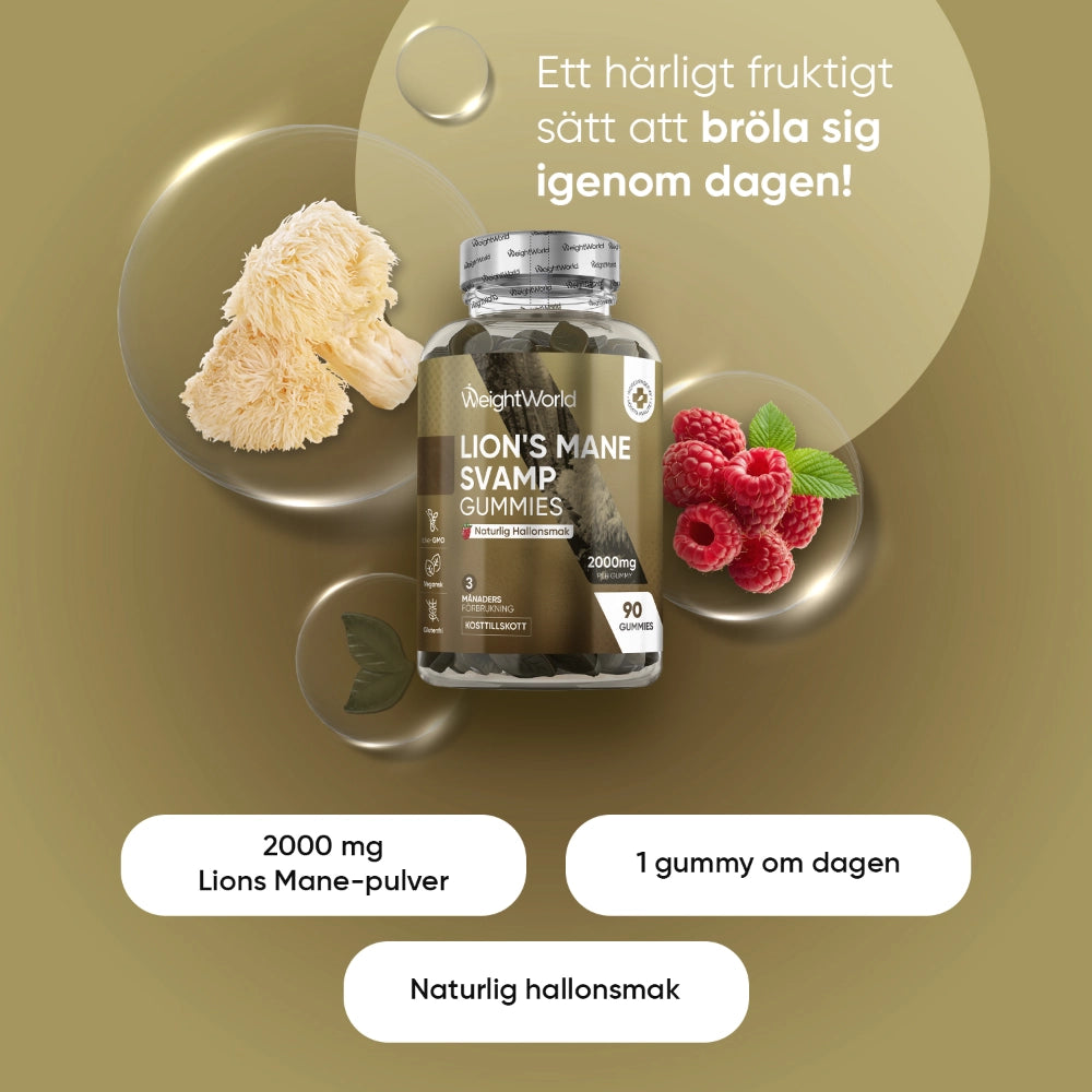 Lejonmånsvamp-gummies i burk med hallon och frukt kring