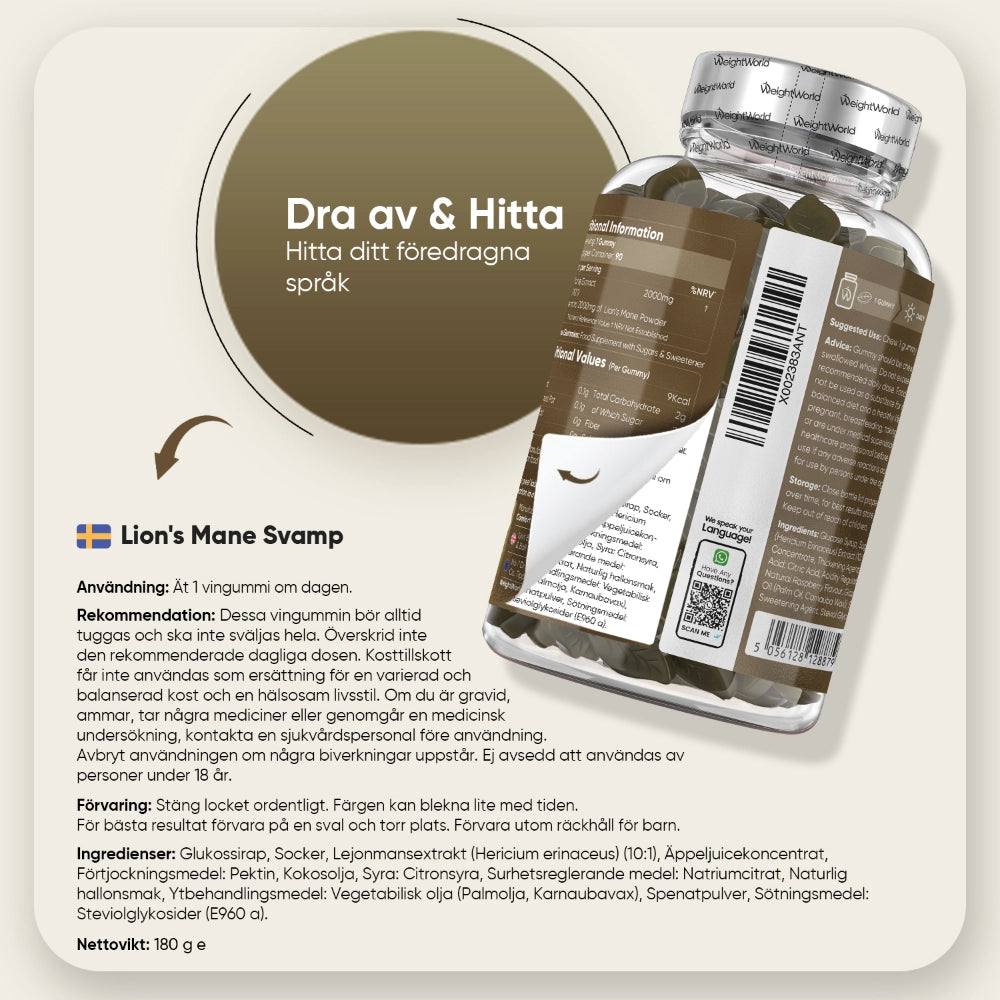 Baksida med bruksanvisning och ingredienser för lejonmånsvamp-gummies, 180 g