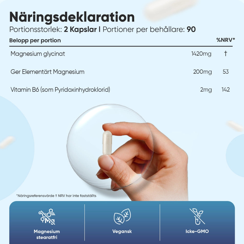 Bilden visar en magnesiumglycinat kapsel och näringsdeklarationen per portion