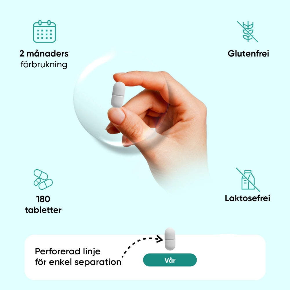 Illustration av marin kollagen-tabletter i burk, med symboler för gluten- och laktosfritt.
