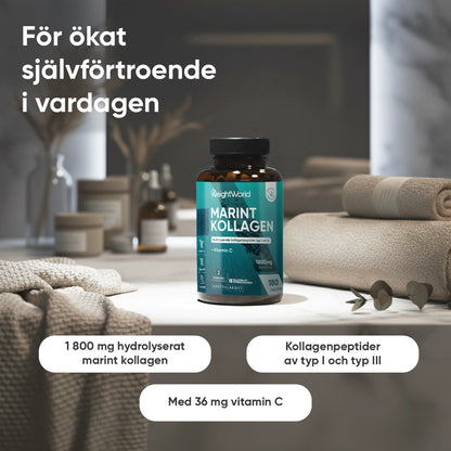 Marin kollagen + vitamin C-tablettburk med 1800 mg och 36 mg C-märkning.