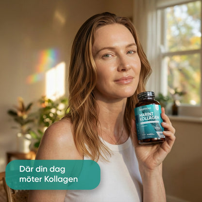 Marin kollagen + vitamin C-burk som hålls i handen av en kvinna.