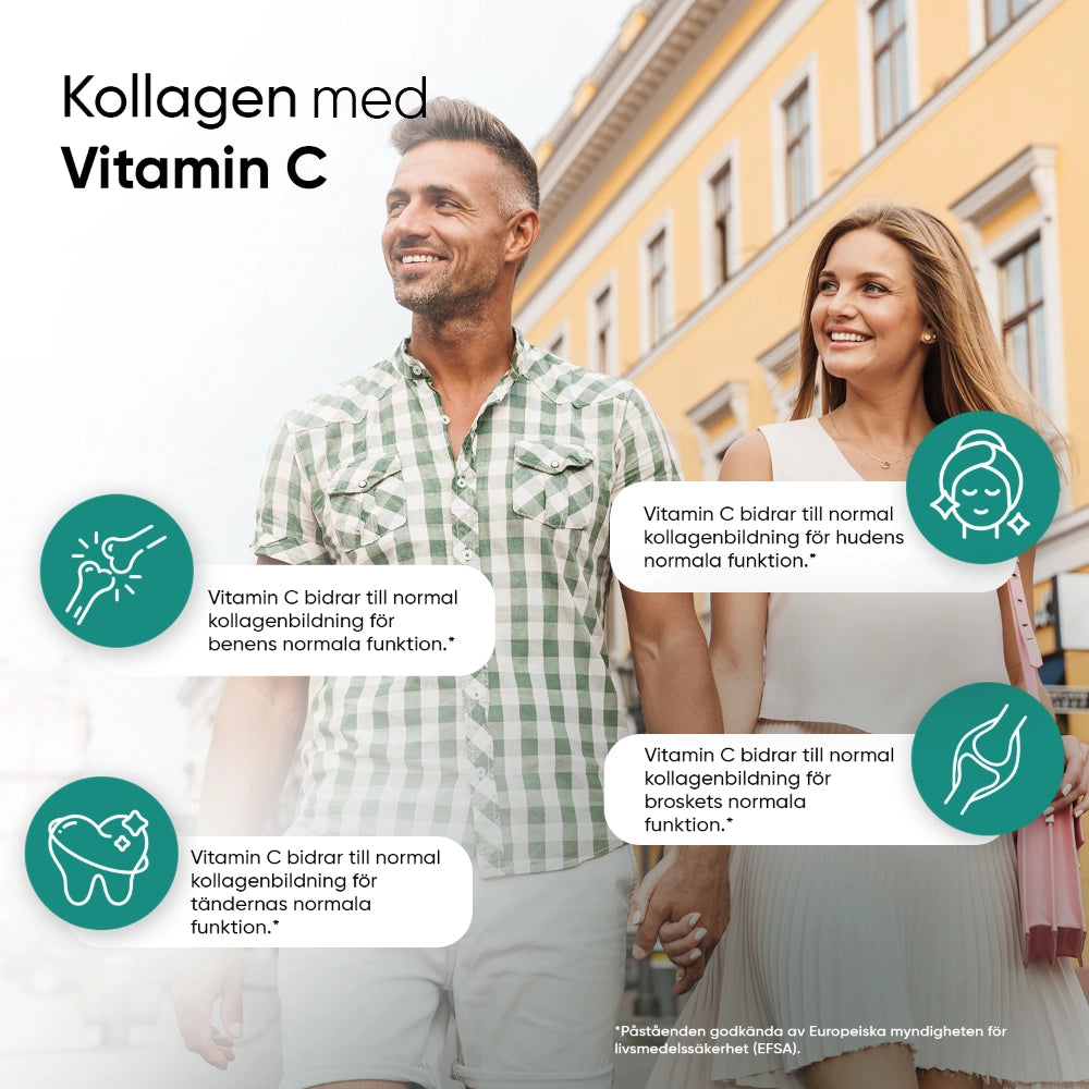 Marin kollagen + vitamin C-burk med kvinna och man i bakgrunden på marknadsbild.