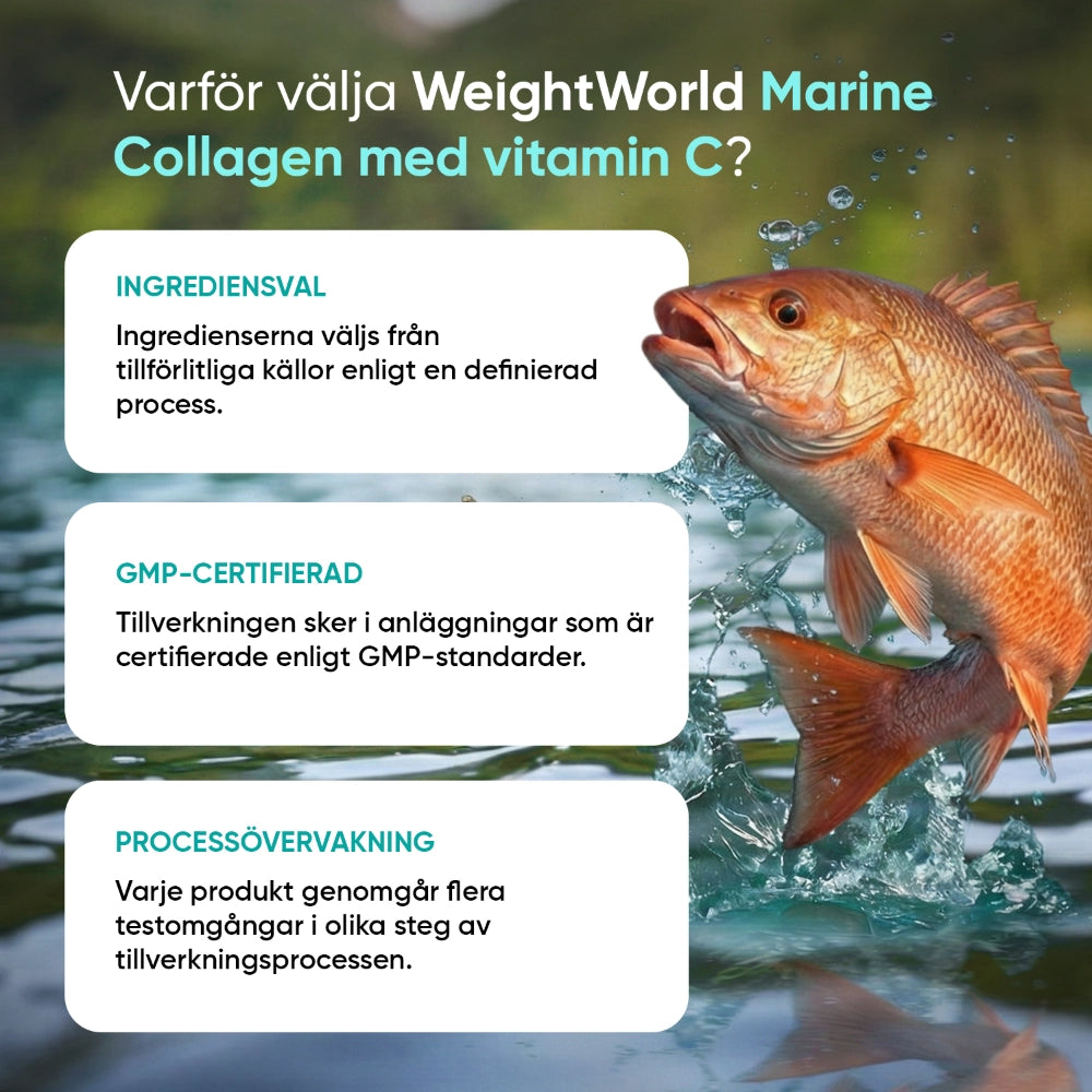 Marin kollagen + vitamin C på förpackning, med fiskillustration och informationsrutor.