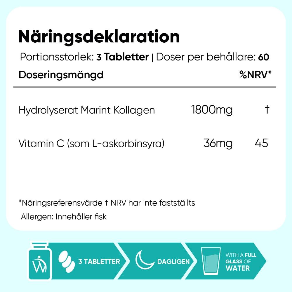 Näringsdeklaration för marin kollagen med vitamin C: 1800 mg och 36 mg per portion.
