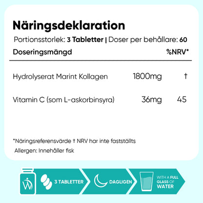 Näringsdeklaration för marin kollagen med vitamin C: 1800 mg och 36 mg per portion.