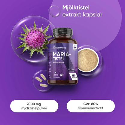 Mariatistel extraktkapslar med 2000 mg per kapsel och 80% silymarin, 180 kapslar