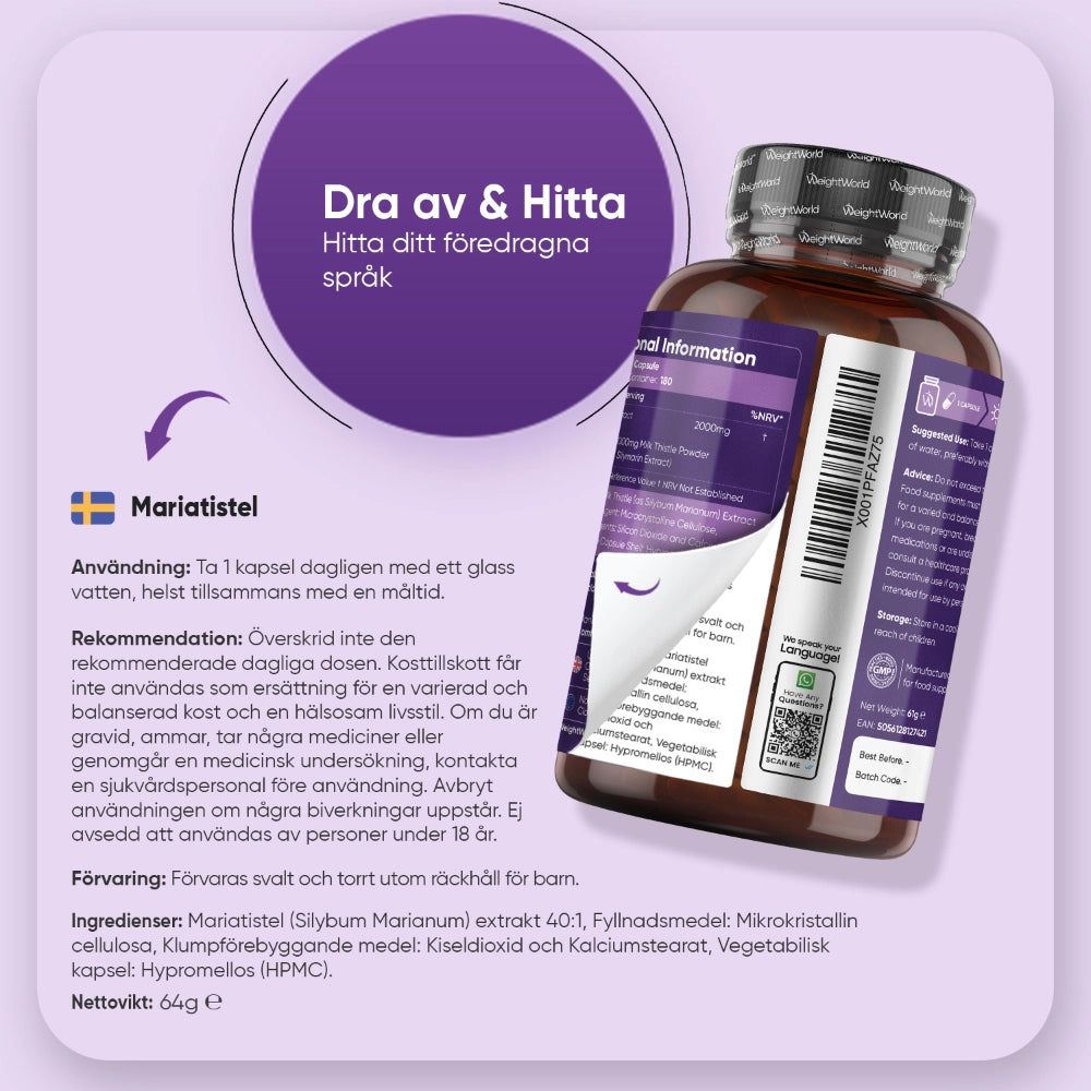 Mariatistel kapslar, etikett med användning och ingredienser på baksidan