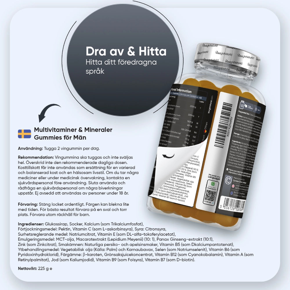WeightWorld multivitaminer och mineraler gummies för män, baksida med innehåll