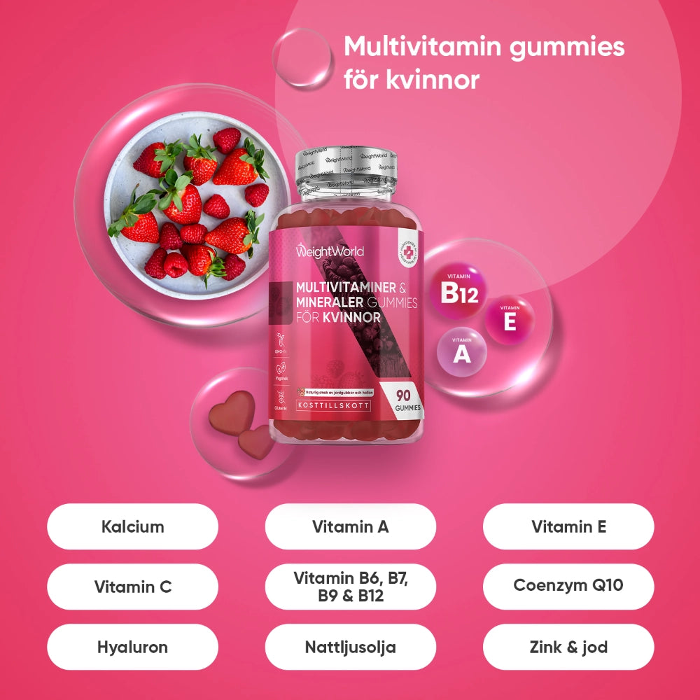 Multivitamintillskott i gummier i flaska med vitaminikoner och bubblor