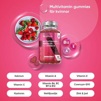 Multivitamintillskott i gummier i flaska med vitaminikoner och bubblor