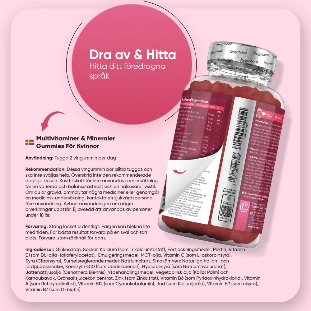 Baksida med dosering och rekommenderad användning för multivitamingummier