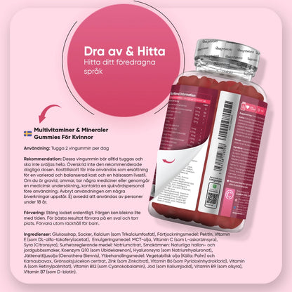 Baksida med dosering och rekommenderad användning för multivitamingummier