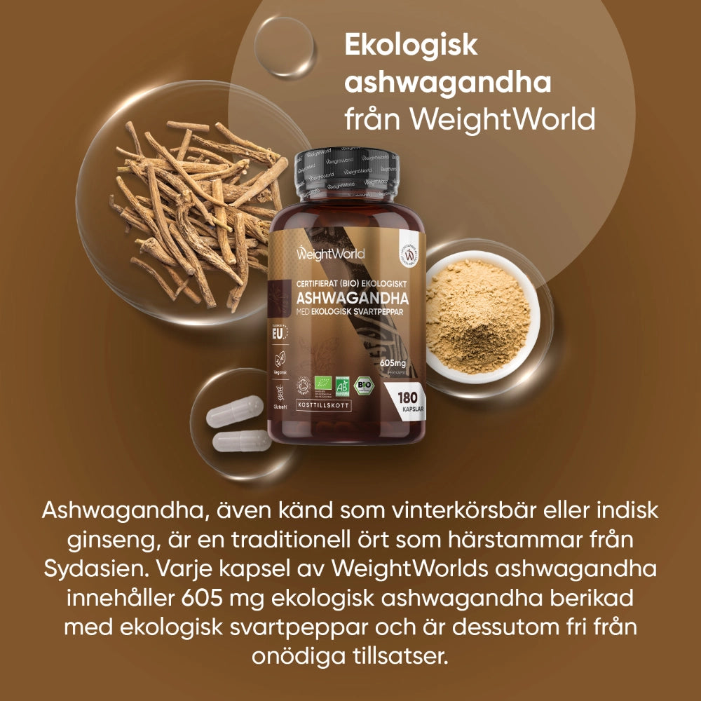 Ekologiska ashwagandhakapslar i WeightWorld-burk med pulver och kapslar runtom