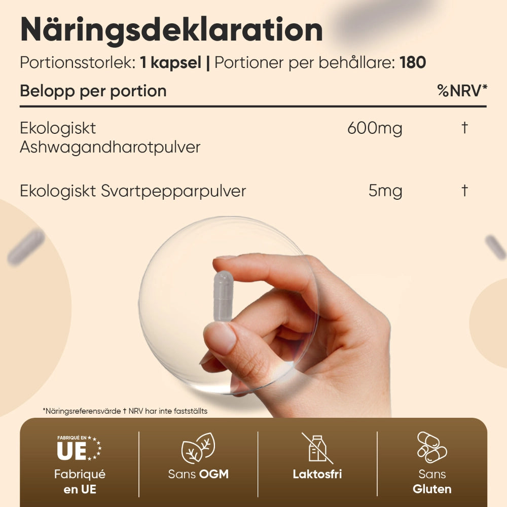 Näringsdeklaration för ekologiska ashwagandhakapslar, 600 mg och svartpepparpulver