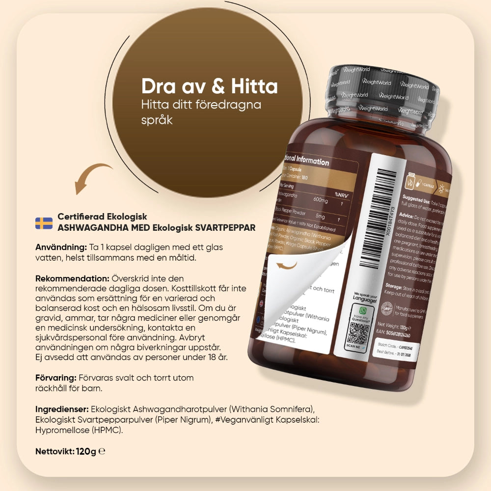 Baksida med information och instruktioner för WeightWorld-burk med ashwagandhakapslar